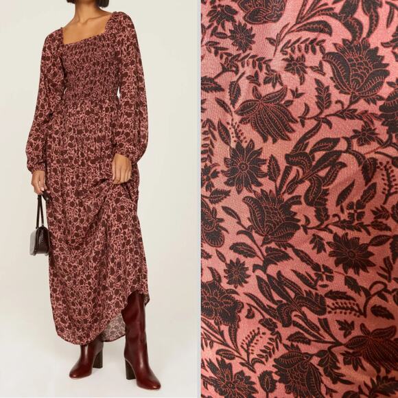 FAHERTY DRESS SUSANNA MAXI SALMON PINK BROWN FLORAL MILKMAID FALL AUTUMN - Picture 1 of 15